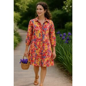 WD NY Vibrant Floral Shirt Dress/ Midi, Cotton/Maximalist, Dopamine, Preppy Lg